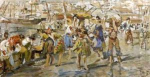 Activities On A South European Harbour Quay by Erasmus Bernhard Van Dulmen Krumpelman