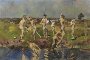 Young Bathers At The River Aa, Near Zeegse, Drente by Erasmus Bernhard Van Dulmen Krumpelman