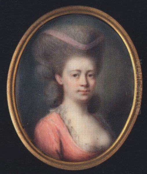 A Lady Wearing Decollete Pink Dress With Frilled White Trim And Pink Ribbon In Her Powdered Hair - view 1