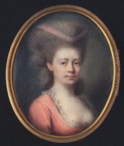 A Lady Wearing Decollete Pink Dress With Frilled White Trim And Pink Ribbon In Her Powdered Hair