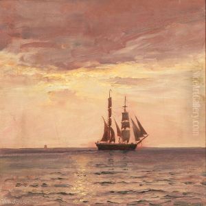 Seascape With A Bring At Sunset by Vilhelm Karl Ferd. Arnesen
