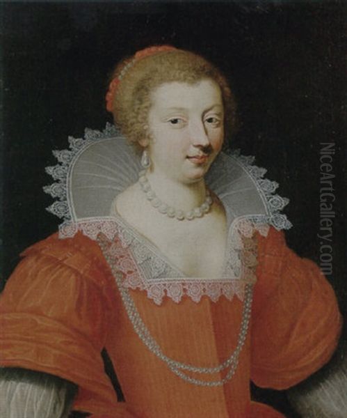 Portrait Of A Lady Dressed In Red And Wearing Pearls - view 1
