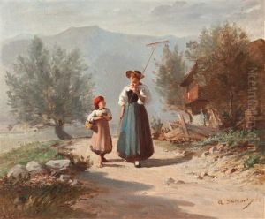 Sennerin Auf Dem Heimweg by Alfred-Paul-Emile-Etienne Dumont