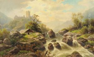 Burgruinen In Voralpiner Landschaft Mit Wildbach (savoyen?) by Alfred-Paul-Emile-Etienne Dumont