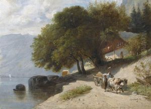 Sommerliche Uferpartie Mit Kuhkarren by Alfred-Paul-Emile-Etienne Dumont