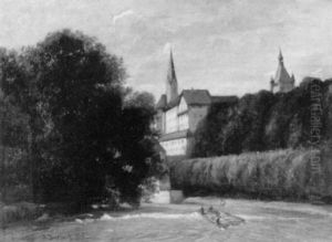 Flusslandschaft Mit Floss Vor Einer Stadt