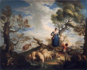 Pastorella Con Gregge Nel Paesaggio by Jean (le Romain) Dumont