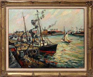 Dock Scene With Sailboats & Steamship by Pierre Dumont