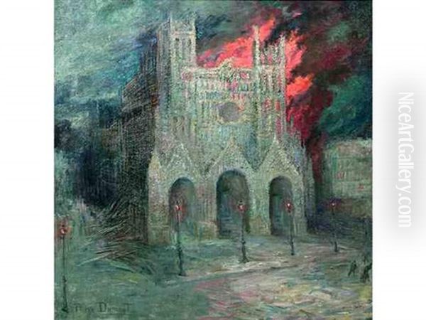 La Cathedrale De Reims En Flamme La Nuit - view 1