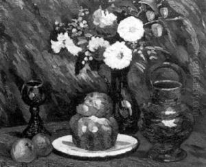 Nature Morte Au Vase De Fleurs Et Brioche by Pierre Dumont
