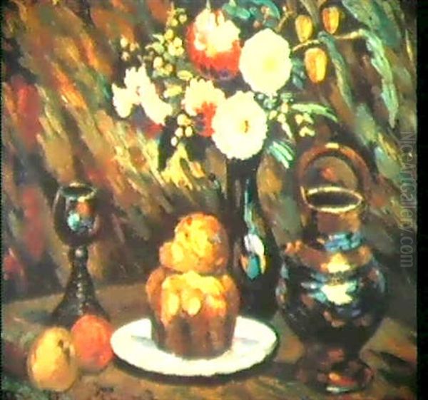 Nature Morte Avec Fleurs Et Grande Brioche - view 1