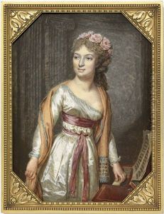 A Young Lady Called Mademoiselle Maillard (1766-1818), In White Silk Dress, Standing In Front Of A Pianoforte