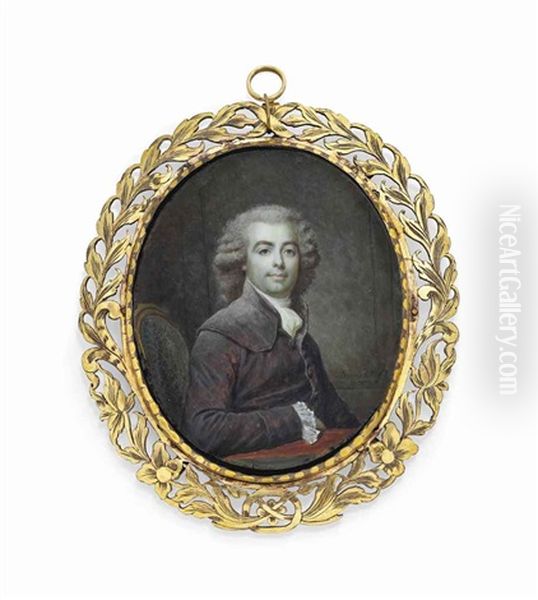 A Young Gentleman, Seated On A Green Upholstered Gilt-wood Chair At A Table, In Plum-coloured Coat With Wide Collar, White Shirt With Lace Cuffs And Cravat - view 1