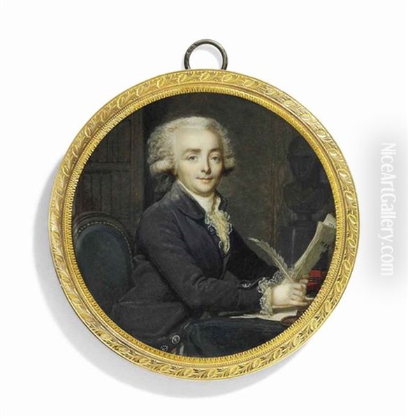 A Young Gentleman, Seated In An Interior At His Desk, In Plum-coloured Coat, White Frilled Cravat And Cuffs, Powdered Wig And Black Wig-bag, On A Blue Grey-upholstered Wooden Chair - view 1