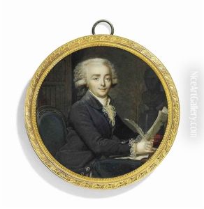 A Young Gentleman, Seated In An Interior At His Desk, In Plum-coloured Coat, White Frilled Cravat And Cuffs, Powdered Wig And Black Wig-bag, On A Blue Grey-upholstered Wooden Chair A Young Gentleman, Seated In An Interior At His Desk, In Plum-coloured Coat, White Frilled Cravat And Cuffs, Powdered Wig And Black Wig-bag, On A Blue Grey-upholstered Wooden Chair