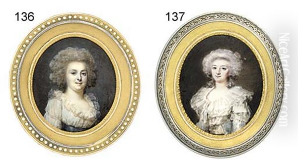 A Young Lady In White Dress With Deep Lace Collar, Mid-blue Sash, Powdered Curling Hair - view 1