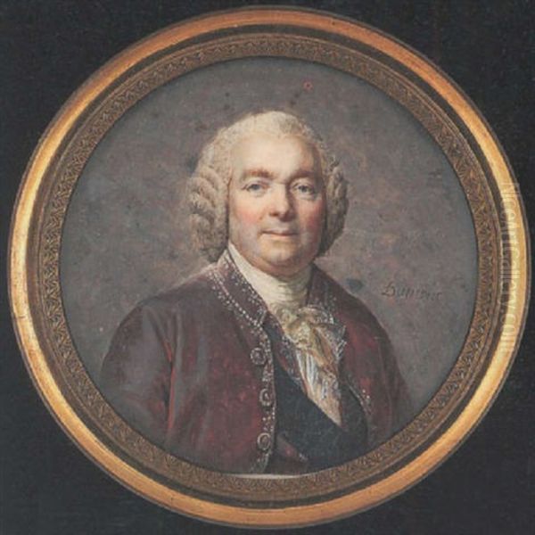 A Gentleman Wearing Silver Figured Plum-coloured Coat, Matching Waistcoat, White Lace Cravat, Black Sash And Short Powdered Wig - view 1