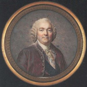 A Gentleman Wearing Silver Figured Plum-coloured Coat, Matching Waistcoat, White Lace Cravat, Black Sash And Short Powdered Wig