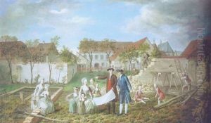 The Grounds Of A Farmhouse With Architect Showing His Plans To An Elegant Family, Buiders Nearby