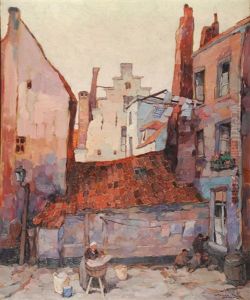 Coin De Rue Avec Lavandiere Et Enfants by Romeo Dumoulin