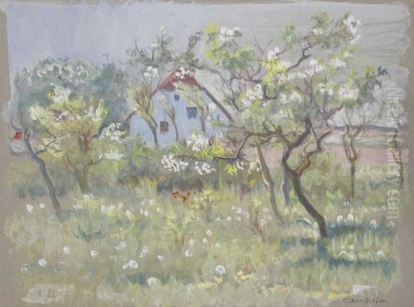 Andschaft Auf Hiddensee, Mit Bluhenden Baumen Vor Einem Haus - view 1