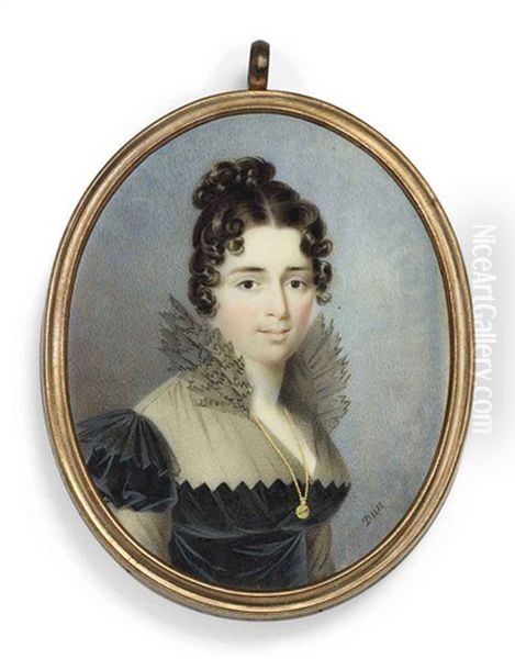 A Young Lady, In Black Dress With Fichu And Black Gauze Upstand Collar, Wearing A Long Gold Chain And Pendant - view 1