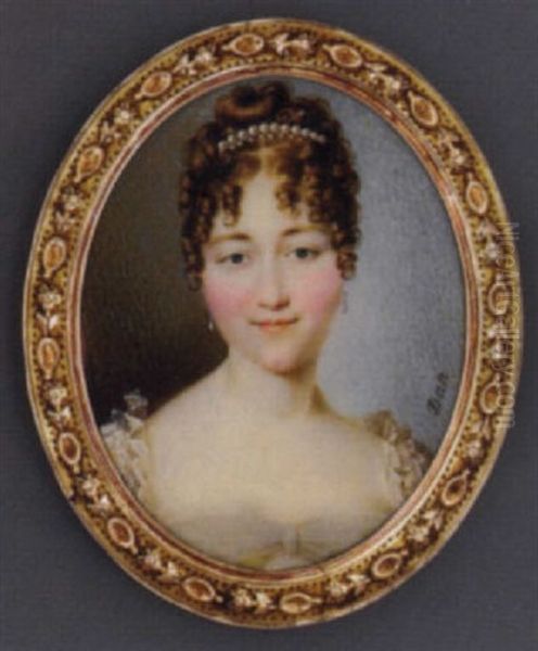 Athenais D'arlincourt, Comtesse De Sassenay, In White Dress With Lace Bordered Sleeves, Drop Pearl Earrings, Pearls In Her Upswept And Curled Brown Hair - view 1