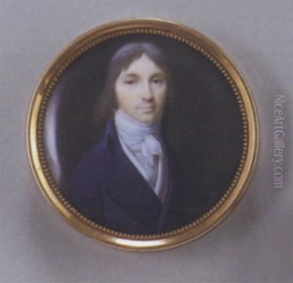 Portrait D'homme En Buste Vers La Droite Vetu D'une Redingote Bleu De Prusse, Gilet Et Cravate Blancs - view 1