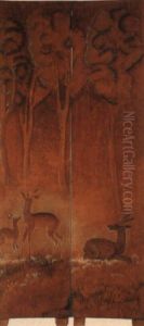 Decor De Biche Et De Cerf Dans La Foret by Jean Dunand