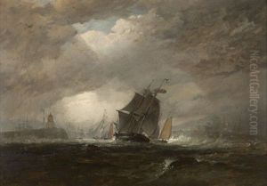 Swansea Harbor, Ship In Stormy Waters by Edward Duncan