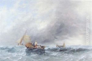 Fishermen Hauling In Nets In A Squall, Sailing Boats Beyond by Edward Duncan
