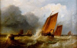 Lugsailed Fishing Boats In Choppy Seas by Edward Duncan