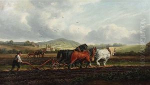 Bauern Mit Ihren Pferden Beim Pflugen In Hugeliger Landschaft by Albert Dunington