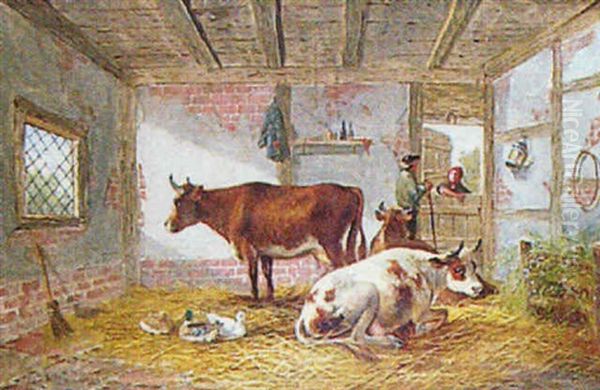 Barn Interior With Cattle And Figures Conversing At Doorway - view 1