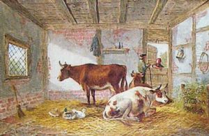 Barn Interior With Cattle And Figures Conversing At Doorway by Albert Dunington