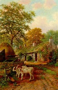 Calves And Chickens In A Farmyard by Albert Dunington