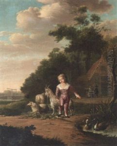 A Young Boy With A Tethered Goat By Pond, A Couple Seated By An Inn Beyond