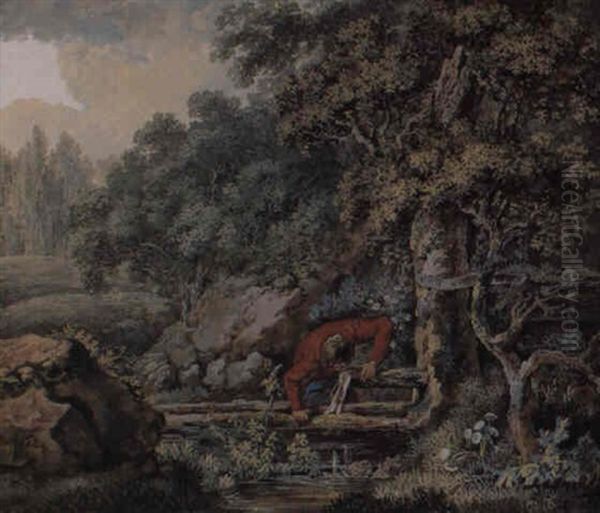 A Wooded Landscape With A Man Drinking At A Spring - view 1