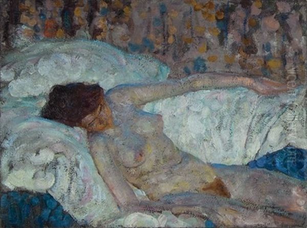 Reclining Nude Looking Down, Floral Curtain (illus.) - view 1