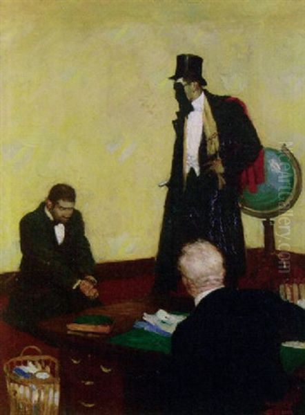 Elegantly Clad Mask-wearing Man Holding Two Men In Office - view 1