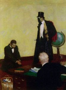 Elegantly Clad Mask-wearing Man Holding Two Men In Office Elegantly Clad Mask-wearing Man Holding Two Men In Office
