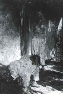 Harem Girl Standing, Man Seated With Head In Hands by Harvey Dunn