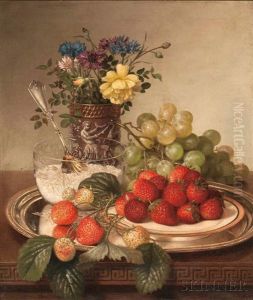 Strawberries, Grapes, Sugar Bowl, And Nosegay On A Silver Tray by Robert Spear Dunning