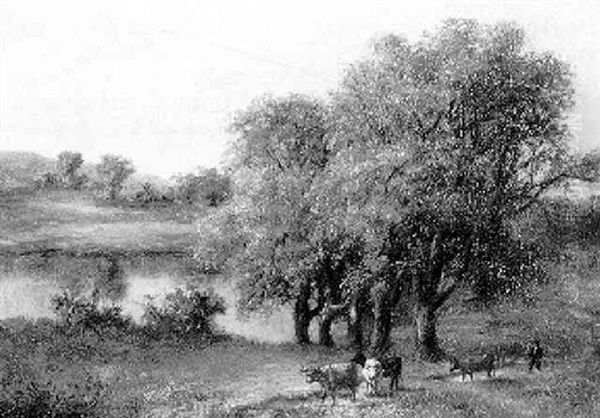 Figures And Cattle On A Path Beside A Pond - view 1