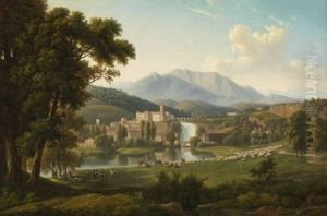 Castello Boncompagni-viscogliosi Und Der Wasserfall Auf Der Isola Del Liri by Alexandre Hyacinthe Dunouy