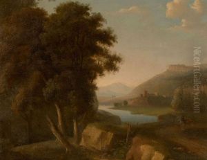 Cavalier Dans Un Paysage Avec Une Forteresse Au Bord D'un Etang