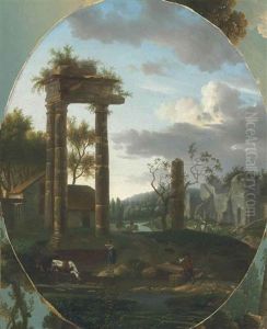 A Classical Landscape With Ruins And A Shepherd And Shepherdess In The Foreground by Alexandre Hyacinthe Dunouy