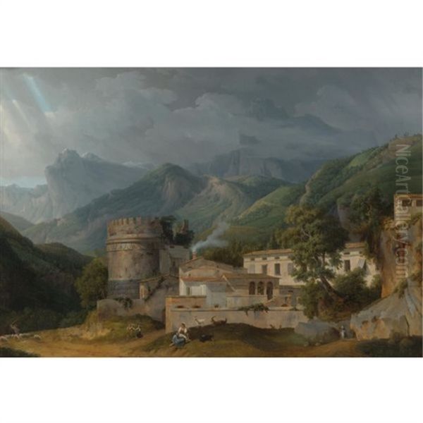Italian Landscape With A Village At The A Foot Of Mountain Range - view 1