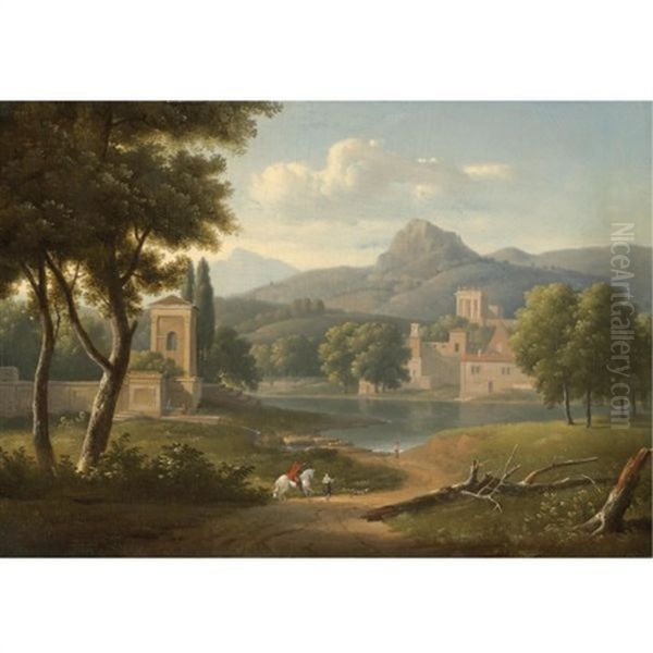 A Classical River Landscape With Travellers On A Path In The Foreground - view 1