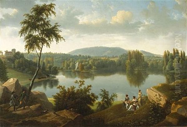 An Extensive Landscape With Figures Greeting Hunters Along The Banks Of A River - view 1